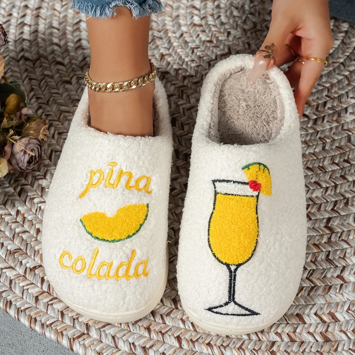 Pina Colada Embroidered Cup Pattern Women's Winter Slippers Warm Comfortable Indoor Anti Slip Leisure Home Plush Couple's Shoes