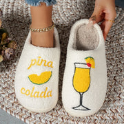 Pina Colada Embroidered Cup Pattern Women's Winter Slippers Warm Comfortable Indoor Anti Slip Leisure Home Plush Couple's Shoes