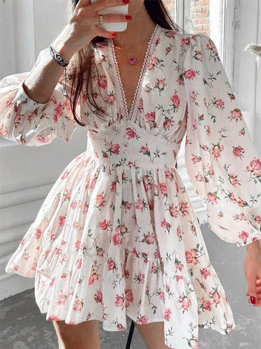 Women's Floral Print French Vintage Dress Long Sleeve Deep V Neck High Waist A-line Dress Spring Fall Casual Dresses