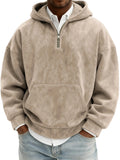Hoodie Sweatshirt Men's American Retro Suede Half Zipper Hoodie Oversized Solid Hooded Sweatshirt Autumn Winter Casual Pullover With Kangaroo Pkt