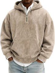 Hoodie Sweatshirt Men's American Retro Suede Half Zipper Hoodie Oversized Solid Hooded Sweatshirt Autumn Winter Casual Pullover With Kangaroo Pkt