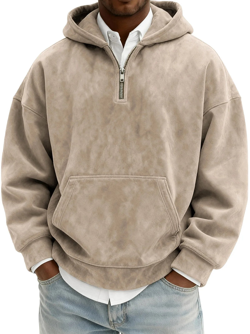 Hoodie Sweatshirt Men's American Retro Suede Half Zipper Hoodie Oversized Solid Hooded Sweatshirt Autumn Winter Casual Pullover With Kangaroo Pkt