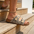 Women Summer Leopard Print Double Adjustable Buckle Slide Sandals Large Size Open‑Toe Casual Slip‑On Beach Slippers Shoes