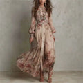 Spring Elegant Long Sleeve Boho Chiffon Long Dresses For Women O Neck Slim Vintage Floral Print High Waist Pleated Holiday Dress