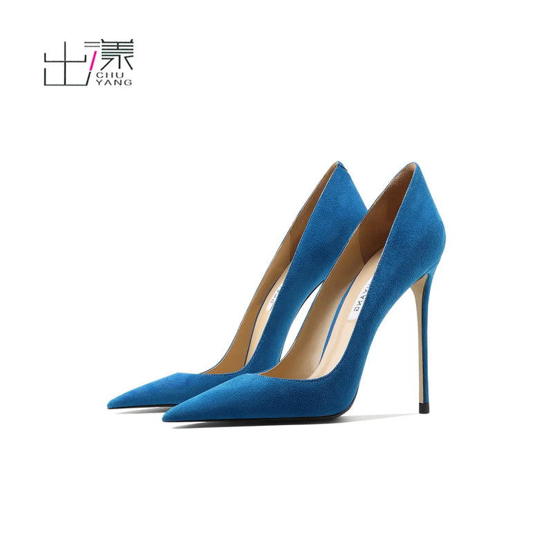 2026 New Suede Light Blue Women Pumps, Thin Stiletto Heel French Style Sexy Super High Heels Ladies Office Career Dress Shoes