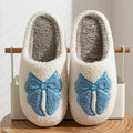 Women's Bow Embroidery Cotton Slippers Winter Warm Closed Back Soft Sole Breathable House Shoes Couple for Gift