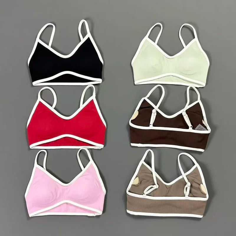 Women Contrastline Yoga Bra V Neck White Edge Thin Strap Wirefree Padded Sports Bra Seamless Daily Workout Fitness Crop Top