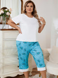 Women Plus Size Milk Silk Pajama Set Short Sleeve Top & Dinosaur Print Capri Pants Loungewear