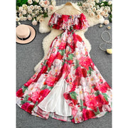 Off-Shoulder Ruffle Floral Slimming Elegant Resort Dress 2025 Summer New