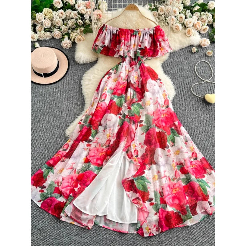 Off-Shoulder Ruffle Floral Slimming Elegant Resort Dress 2025 Summer New
