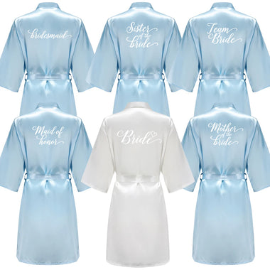 Women's Wedding Robe Light Blue Women's Satin Robe Short Kimono for Bride & Bridesmaid With White Letter, Wedding Party Robes