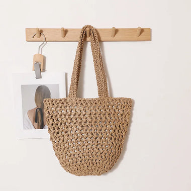 Women Simple Large Capacity Straw Shoulder Bag Solid Color Woven Tote Bag Beach Vacation Handbag.