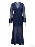 Plus Size Women Blue Leopard Zebra Print Mesh Maxi Dress Deep V Neck Flare Long Sleeve Mermaid Bodycon Evening Party Dress