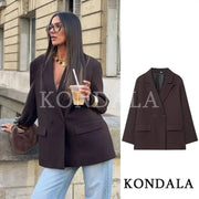 KONDALA Elegant Commute Double-breasted Blazer Women Vintage Brown Buttons Blazer 2026 Spring Summer Trendy Office Lady Blazer