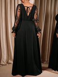 Dress Plus Size Elegant GIBSIE Plus Size Elegant V-Neck Sheer Mesh Sleeve Evening Long Dress Women Autumn Elastic Waist Tie Backless Party Dresses 2026