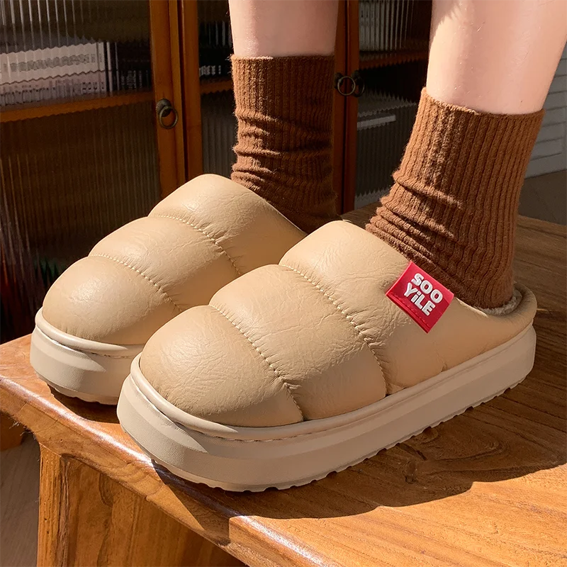 Winter Platform Plush Bread Slippers Women Unisex Waterproof Thicken Warm Home Slides Woman Non Slip Thick Sole Cotton Shoes