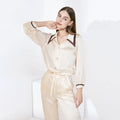 19MM 100% Mulberry Silk Pointed Collar Long-sleeved Trousers Two-piece Pajamas Set Button Down Cardigan Nightwear Pajama Outwear