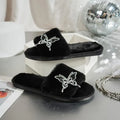 Korea Style Rhinestone Butterfly Indoor Slippers Women Winter 2026 Warm Plush Girl Slippers Brand Design Black Furry Fur Slides