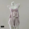 French Court Ice Silk Suspender Sleep Tops & Shorts Pajamas with Chest Pads Sexy Soft Thin Lace Embroidery Home Clothes Set