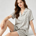 21MM 100% Natural Mulberry Silk Plain Satin Vertical Stripe Casual Short Sleeved Shirt Five Quarter Pants Home Wear Pajama Set