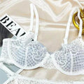 セクシーな Women French Plaid Embroidery Mesh Lingerie Set Soft Underwire Minimizer Bra Uplift Sheer Mesh Ladies Underwear 32-38 Set