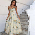 YENKYE 2025 Women Floral Print Fishbone Waist Spaghetti Straps Dress Summer Female  Elegant Midi Long Party Dresses Holiday Robe