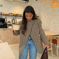 Vintage Stripe Plaid Blazer Women Stand Collar One Button Pocket Suit Jacket 2026 Spring Lady New Fashion Commute Street Outwear