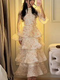 2026 Summer Autumn Chic Floral Women's Cake Dress Bell-Bottomed Sleeve Stand Collar Waist-Closed Lady Dresses New