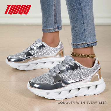 Women's Fashion Glitter Silver Chunky Sneakers Lightweight Comfortable Casual Sports Shoes Female Walking Shoes