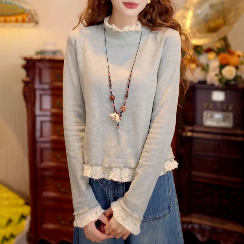 Women Blouse Top Women Ruffle Mock Neck Long Sleeve Top Lace Patchwork Cropped Casual Blouse