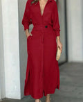 Women Solid Color Maxi Dress  Autumn Fashion Elegant Long Sleeve Leisure Time Casual Daily Wear V Neck Sexy Ladies Shirt Dresses