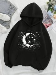 European and American Fashion Casual Sports Hooded Moon and Star Printed Sweatshirts Vintage Style Pullovers Clothes Female Y2k