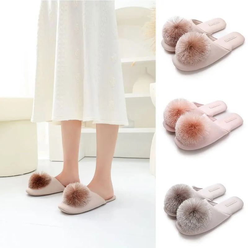 Fashion Indoor Slippers Keep Warm Anti-slip Flat Shoes with Plush Ball Wear-resisting Home Shoes for Women
