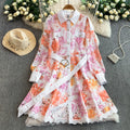 French Vintage Print Floral Hollow Out Lace Dress Women Spring Autumn Turn-Down Collar Long Sleeve Single Breasted Elegant Dress