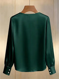 Women Satin V Neck Blouse Pearl Beaded Collar Long Sleeve Elegant Office Shirt Top