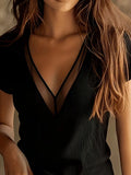 Women's Summer Pure and Alluring Mesh Patchwork V-Neck Ribbed Short-Sleeve Top, Slim Fit Elastic T-Shirt