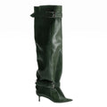 Women Pointed Toe Knee High Boots Double Buckle Strap Stiletto Heel Leather Slouch Thigh High Boots Fashion Party Boots