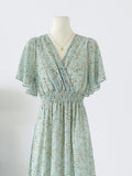 2026 New Summer Dress Women Elegant Short Sleeve V Neck Floral Print Chiffon Maxi Dress Boho High Waist Beach Long Dress