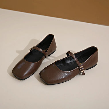 2025 New Women's French Vintage Mary Janes - Genuine Leather Flats with Antique Brass Buckle, Low Heel Dress Shoes for Spring