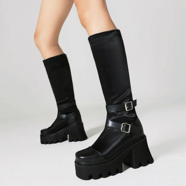 Women boots boots 2026 autumn winter women knee-high boots plus size 35-43 microfiber+stretch fabric round toe buckle high heel women long boots