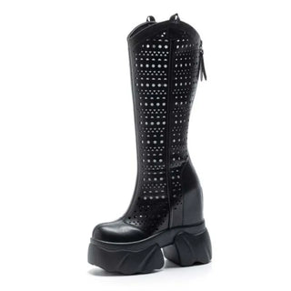 12cm 2025 Ankle Boots Microfiber Leather Summer Fashion Knee High Booties Platform Wedge Flats Sandals Women Hidden High Shoes