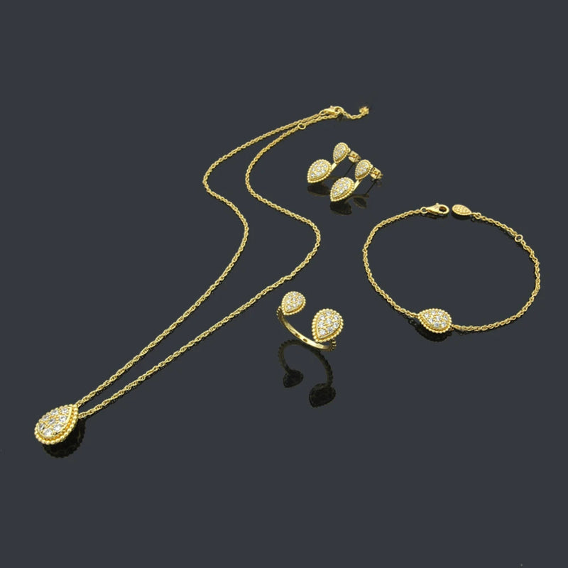 2025 Light Luxury Niche Waterdrop Dew Bead Jewelry Set, Twisted Chain Necklace Earrings Bracelet Ring, High-end Design Accessory