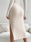 Women Ribbed Knit Midi Pencil Skirt High Waist Side Buttons Slit Bodycon Slim Fit Elegant Casual Office Long Skirt