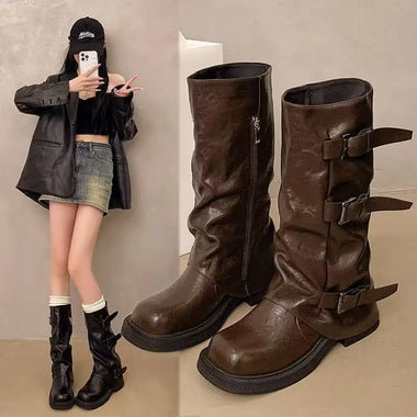 Women Ruched Mid Calf Boots Triple Buckle Strap Decor Thick Flat Sole Vintage Faux Leather Side Zipper Fashion Tall Boots