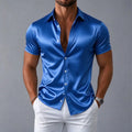 Men's shirt, navy blue short sleeved shirt, slim fit lapel shirt, light luxury business casual men's top, comfortable fabric
