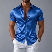 Men's shirt, navy blue short sleeved shirt, slim fit lapel shirt, light luxury business casual men's top, comfortable fabric
