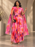 Plus Size Tie Dye Pleated Maxi Dress for Women V Neck Cape Sleeve Studded Belt Formal Evening Gown Wedding Guest Party Dress
