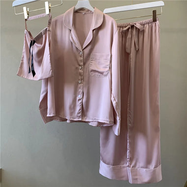 Female Pajamas Two Piece Set Pink Long Sleeve Trouser Pijamas Suit Spring Autumn Silk Satin Sleepwear Loose Homewear Loungewear