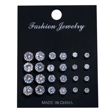 New 12 Pair/Pack Mixed Sizes Rhinestone Stud Earrings For Women Girls White Crystal Earrings Set Wedding Party Jewelry Gift