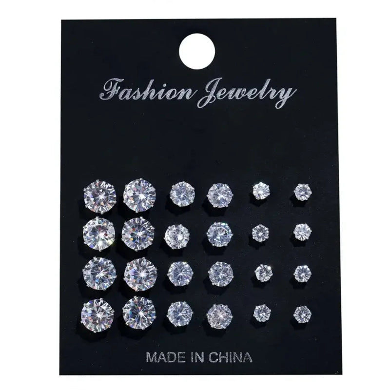 New 12 Pair/Pack Mixed Sizes Rhinestone Stud Earrings For Women Girls White Crystal Earrings Set Wedding Party Jewelry Gift